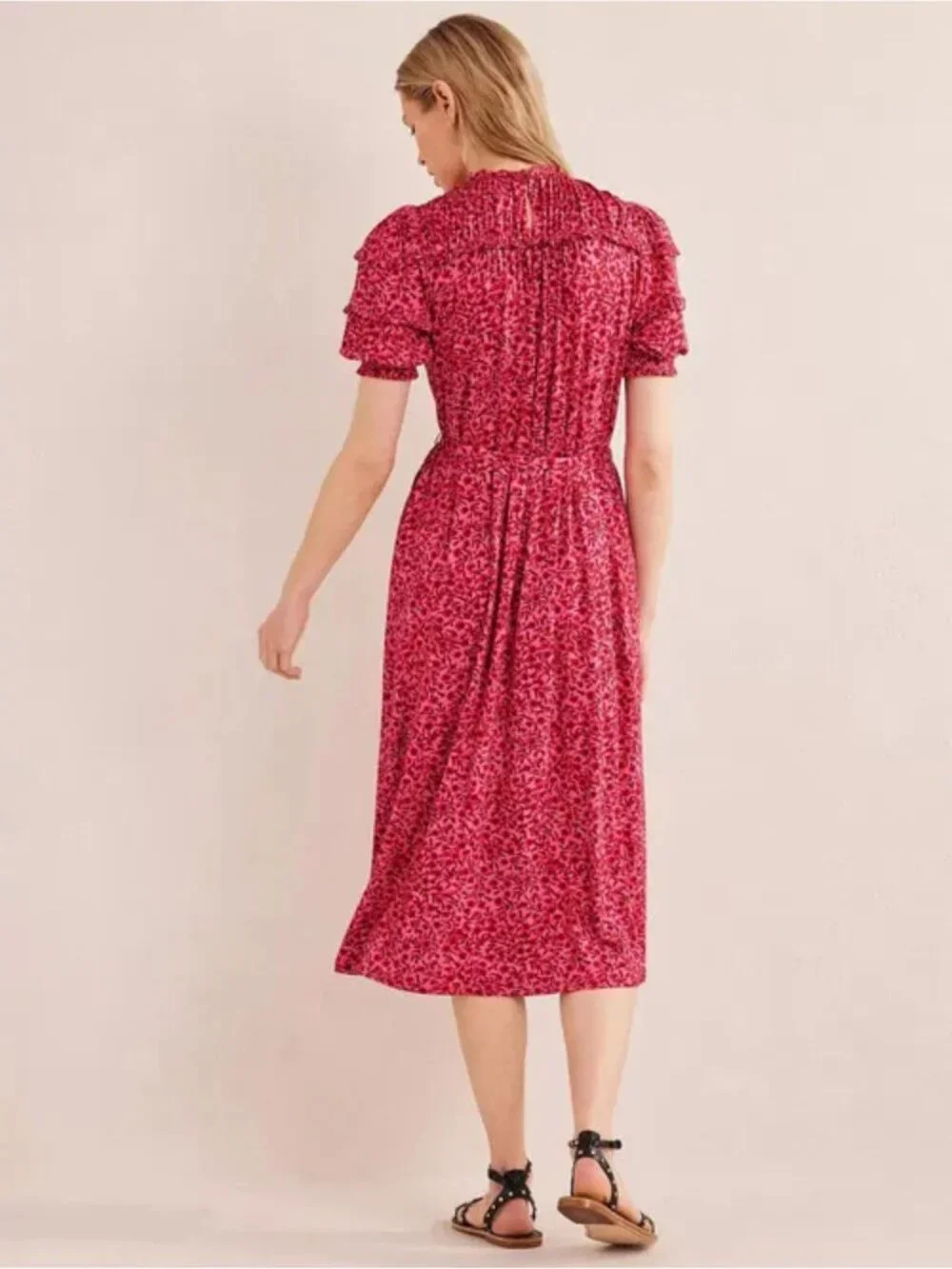 Boden pink floral ruched Yoke Detail Jersey Midi Dress Size 10R 36413 - Picture 4 of 14